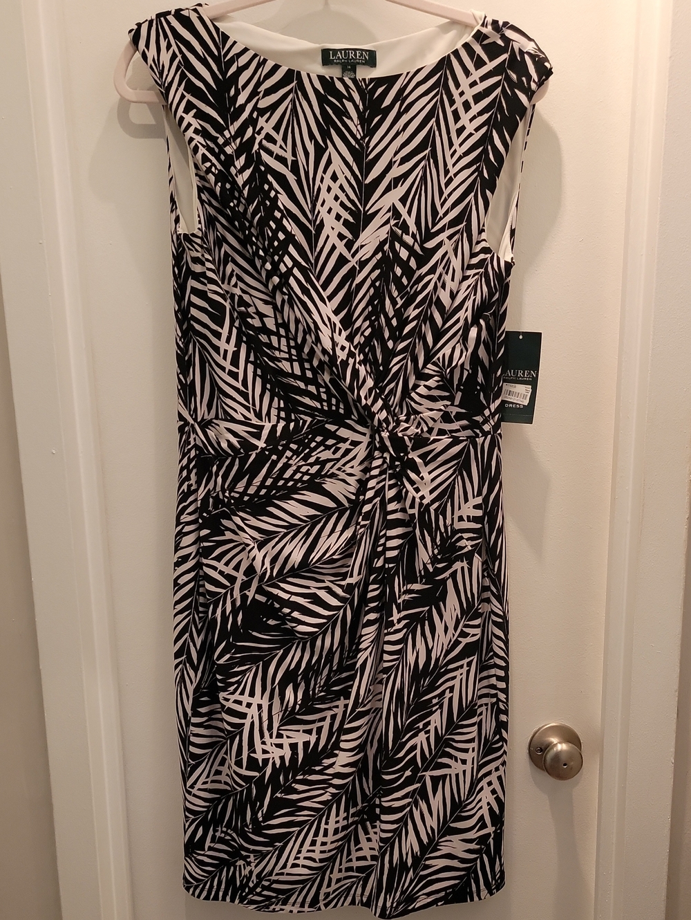 Lauren Ralph Lauren Black and White Palm-Print Knot-Front Sheath Dress